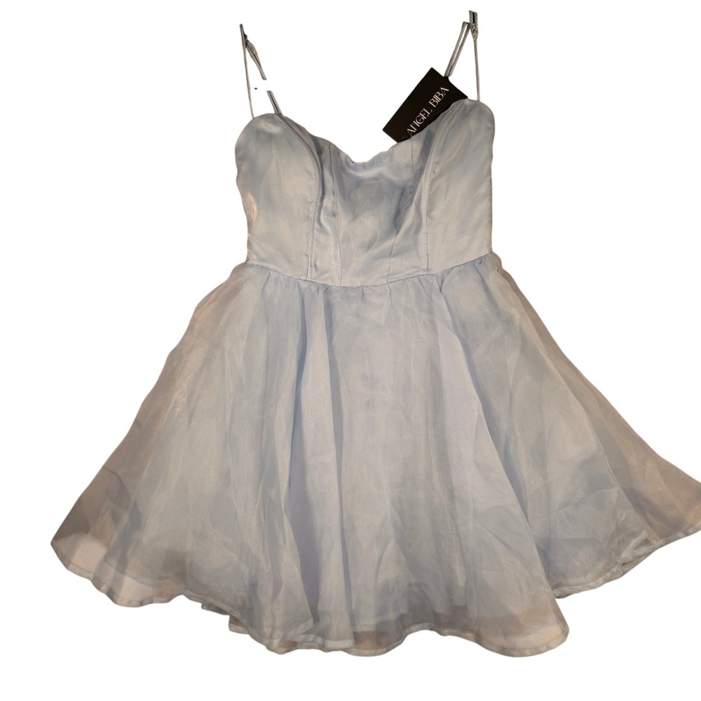 Angel Biba SR086J07 Mini‎ Dress XS Women Baby Blue Back Bow Organza NWT